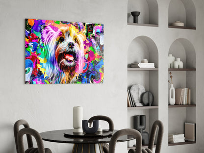 Colorful pop art glass wall panel featuring a smiling dog with rainbow fur displayed above a dining table in a modern interior.
