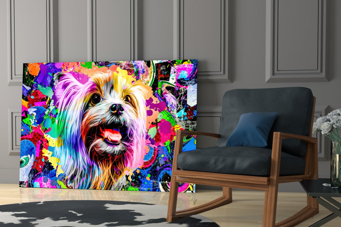 Vibrant multicolored glass wall art depicting a smiling dog's face displayed in a modern living room beside a wooden rocking chair.