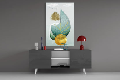 Modern living room display featuring Tree on a Leaf glass wall art above gray media console with red lamp and decorative accessories.