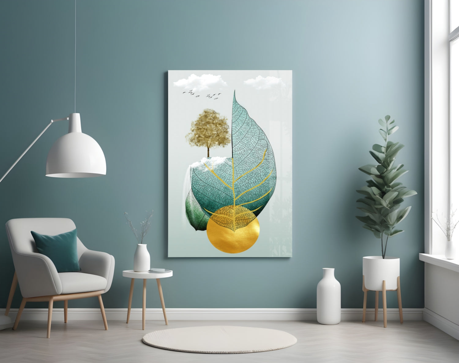 Modern living room with teal walls displaying a glass wall art print featuring a large leaf with geometric veins, yellow circle, and small tree illustration.