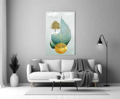 Tree on a Leaf Glass Wall Art displayed above a white sofa in a minimalist living room with gray accents.