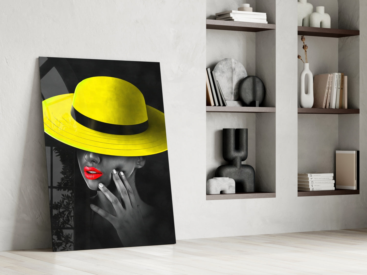 Bold pop art glass canvas leaning against white wall, featuring woman in neon yellow wide-brimmed hat with red lips.