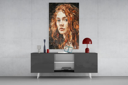 Copper Curls Woman Oil Portrait Glass Wall Art