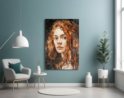 Copper Curls Woman Oil Portrait Glass Wall Art