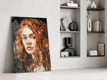 Copper Curls Woman Oil Portrait Glass Wall Art