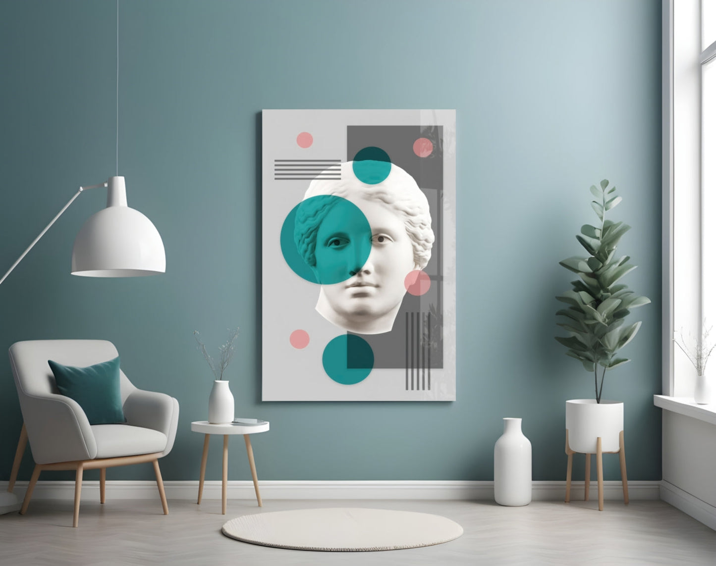 Teal Circles Venus Bust Collage Glass Wall Art