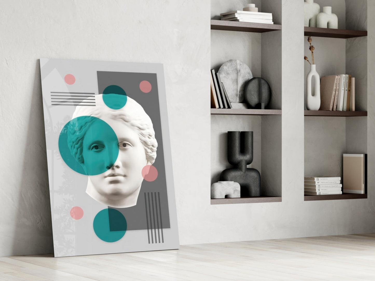 Teal Circles Venus Bust Collage Glass Wall Art