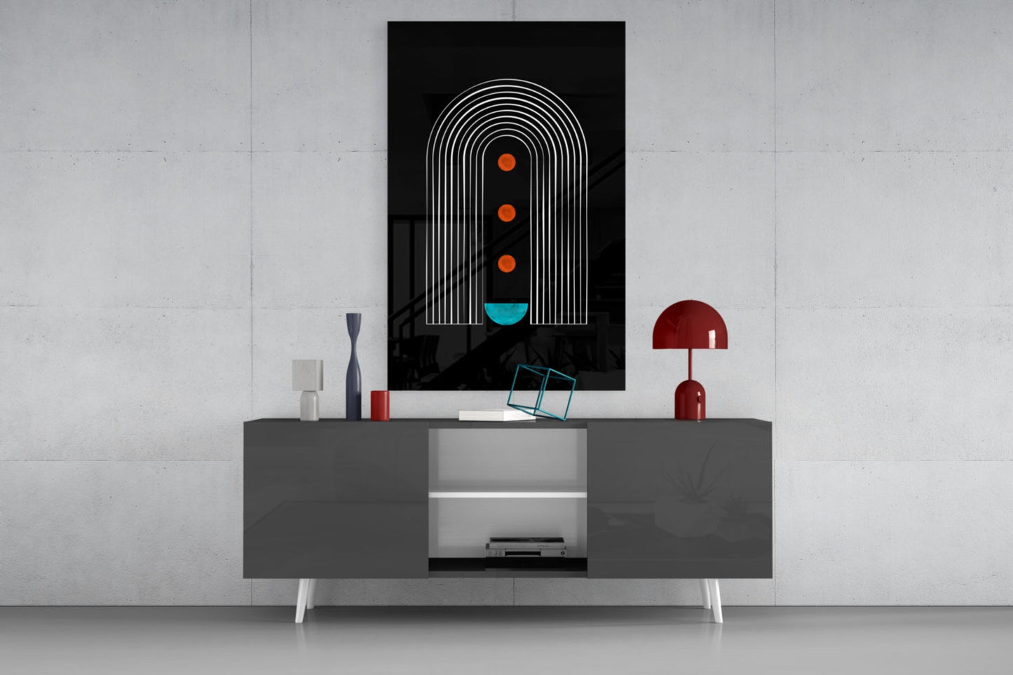 White Arch Lines Orange Dots Teal Glass Wall Art