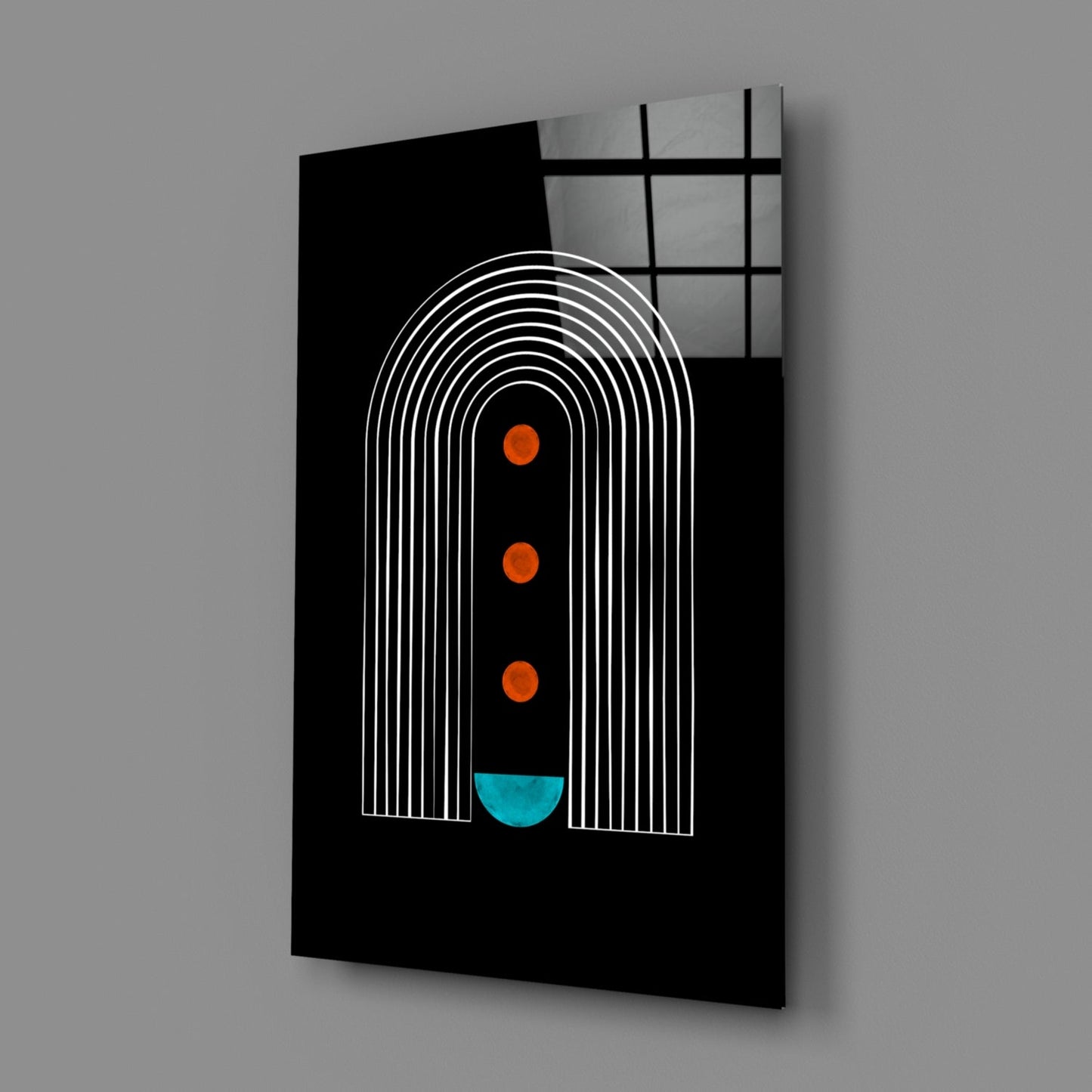 White Arch Lines Orange Dots Teal Glass Wall Art