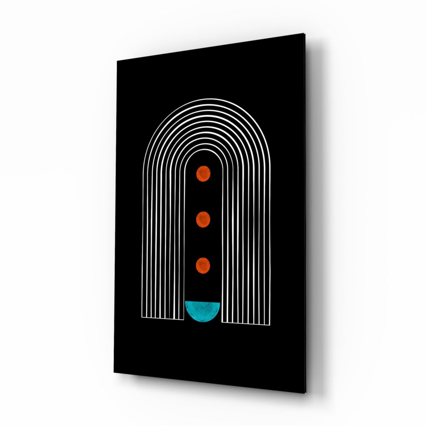 White Arch Lines Orange Dots Teal Glass Wall Art