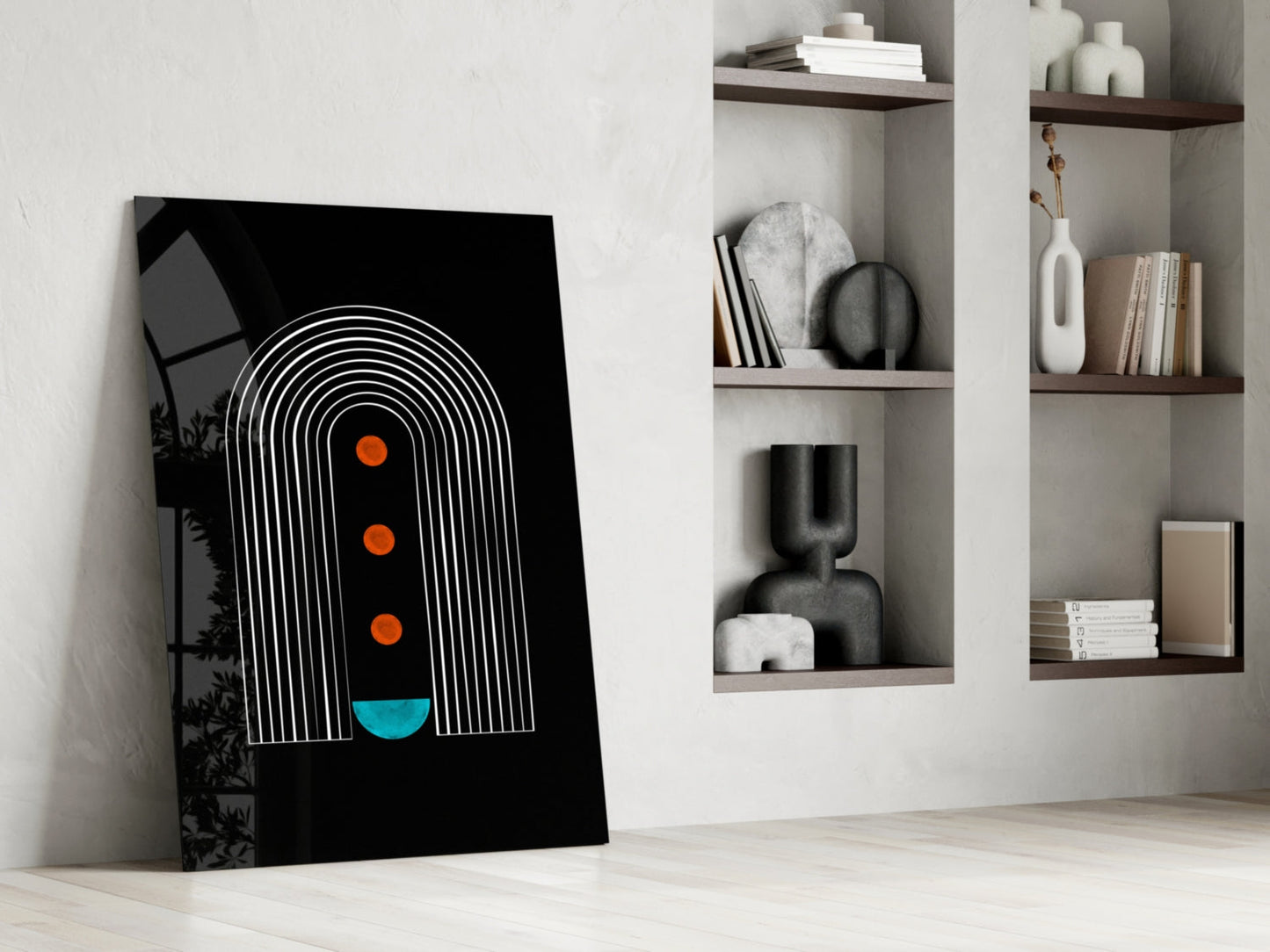 White Arch Lines Orange Dots Teal Glass Wall Art