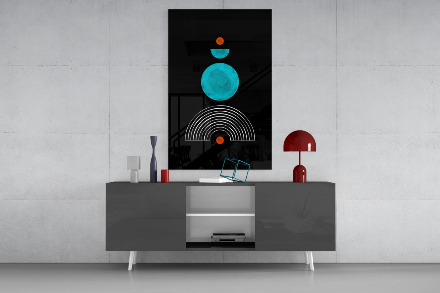 Modern living room with geometric wall art featuring turquoise circles and orange accents above gray media console.