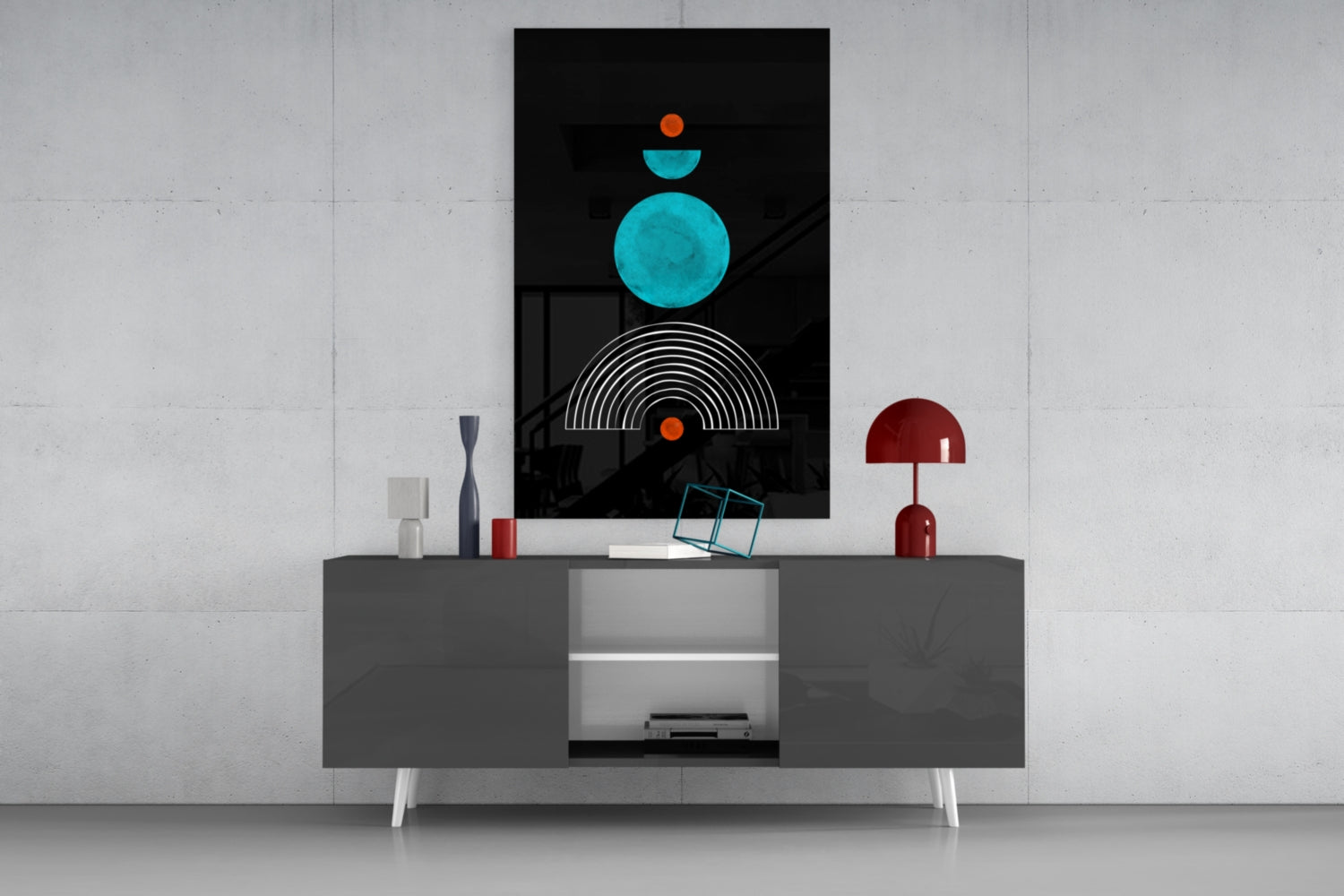 Modern living room with geometric wall art featuring turquoise circles and orange accents above gray media console.