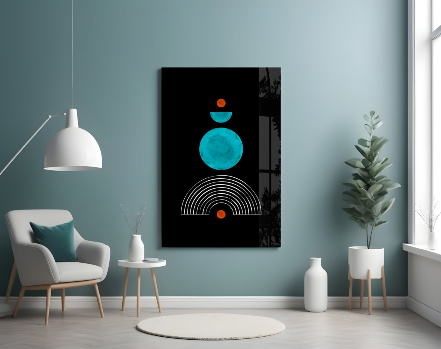 Modern living room with turquoise wall displaying black glass art featuring cyan circle, orange dots, and white arc lines.
