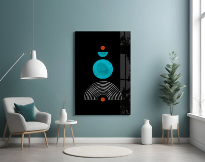 Modern living room with turquoise wall displaying black glass art featuring cyan circle, orange dots, and white arc lines.