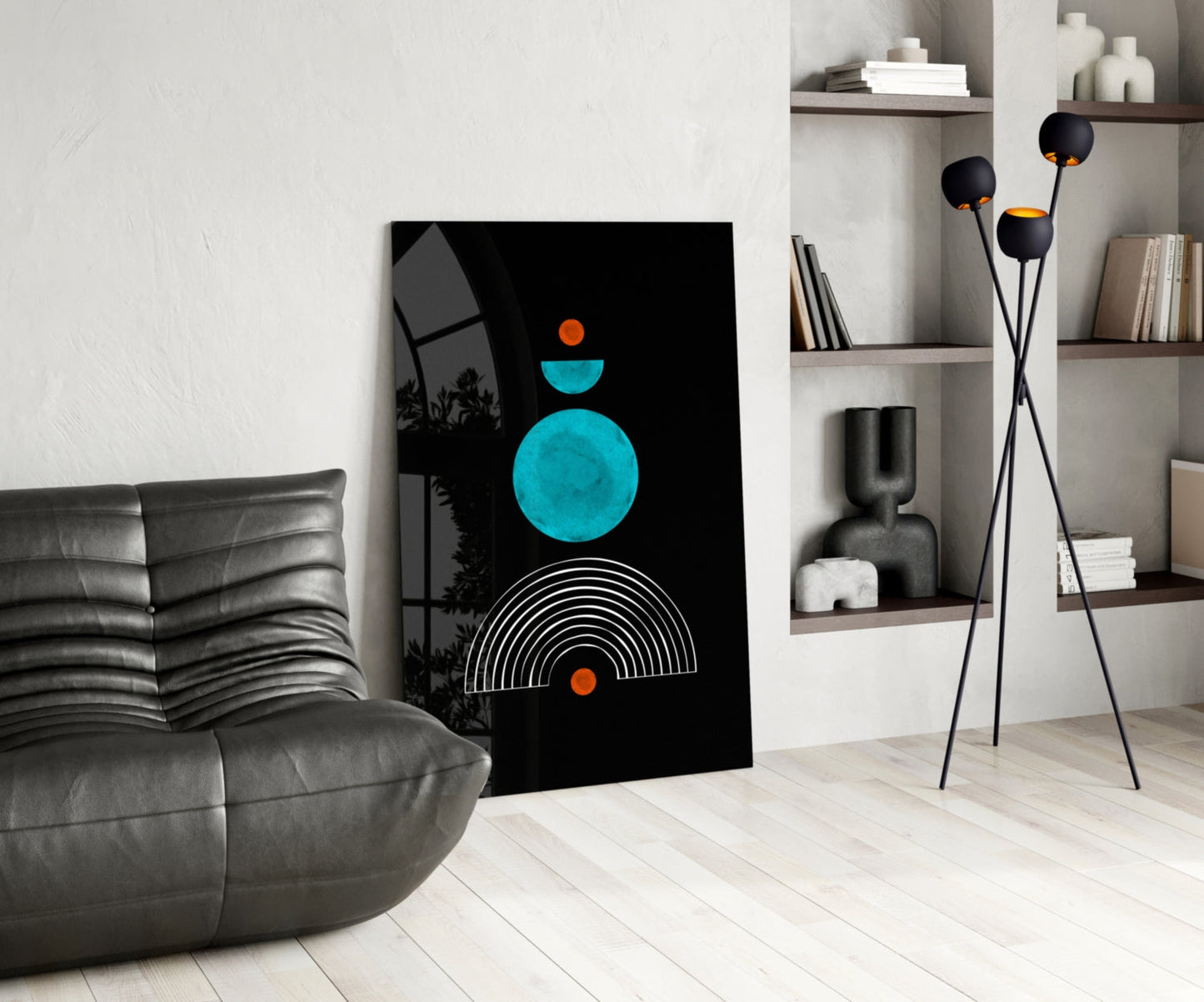 Modern living room interior featuring geometric glass wall art with turquoise circle, white semicircle lines, and orange accents on black background.