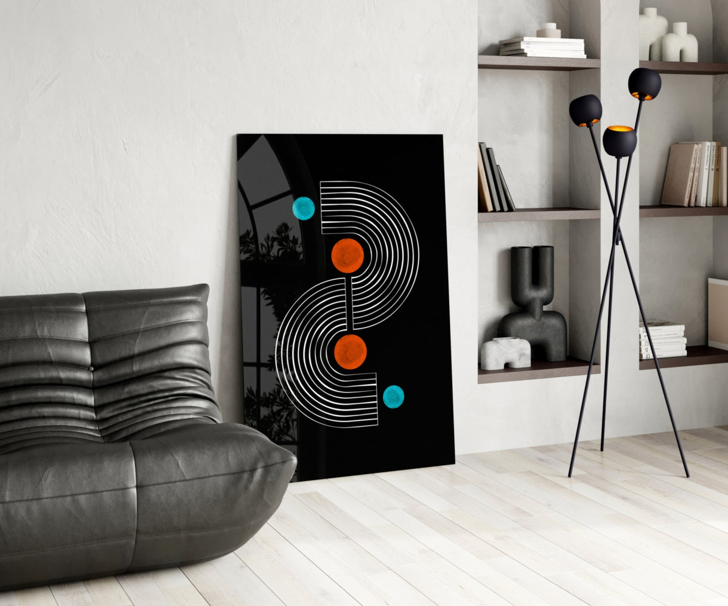 Black Mid Century S Arch Orange Dots Glass Wall Art