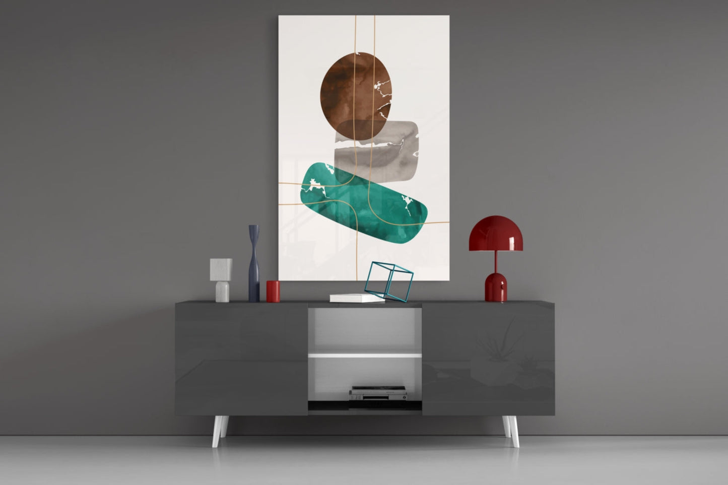 Brown Circle And Teal Capsule Forms Glass Wall Art