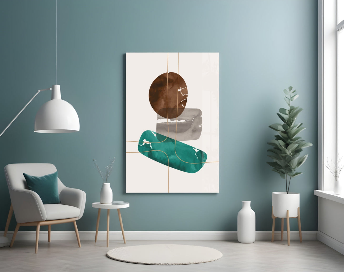 Brown Circle And Teal Capsule Forms Glass Wall Art