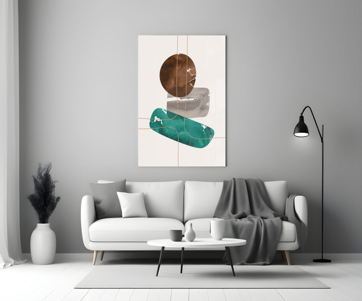 Brown Circle And Teal Capsule Forms Glass Wall Art