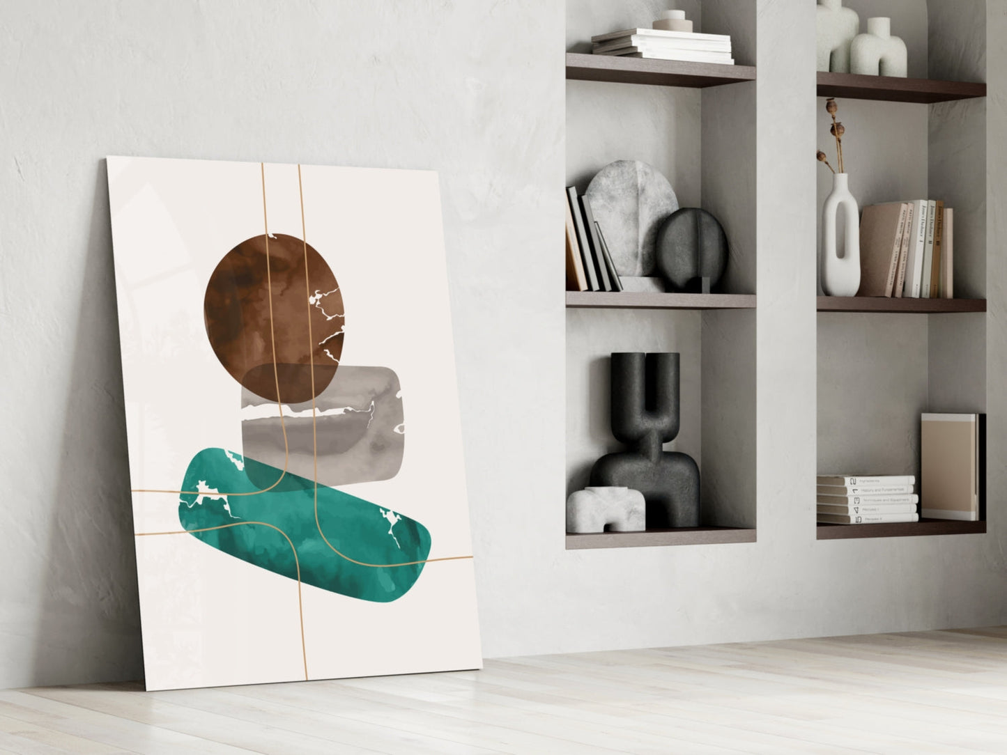 Brown Circle And Teal Capsule Forms Glass Wall Art