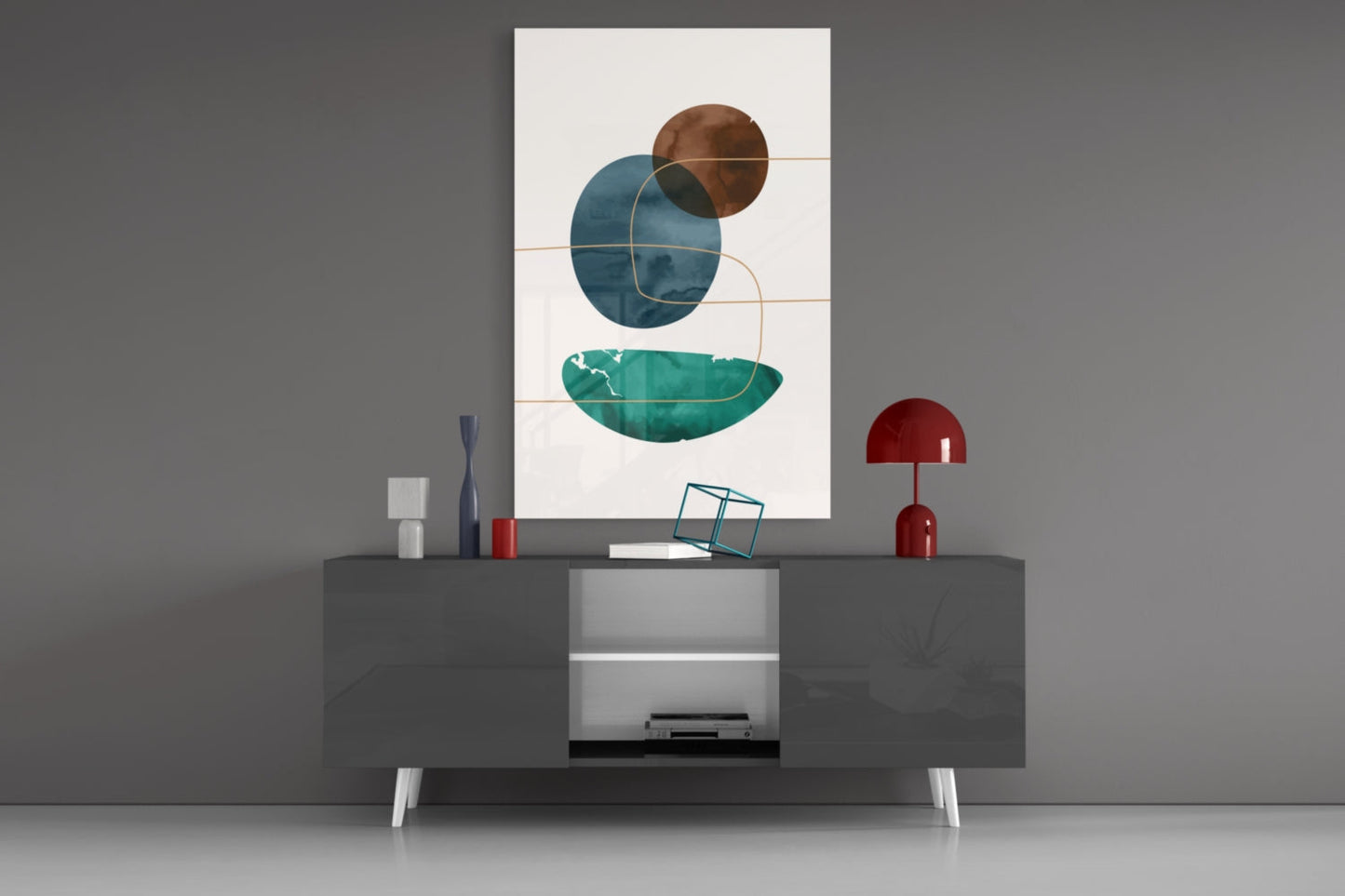 Teal Bowl And Navy Circle Shapes Glass Wall Art