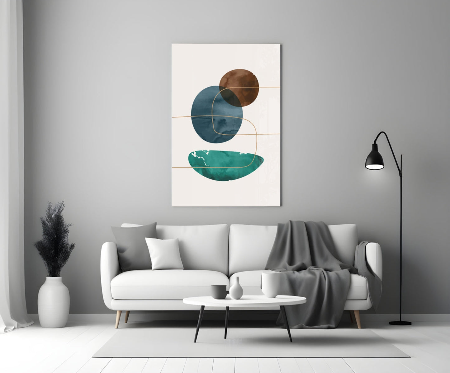 Teal Bowl And Navy Circle Shapes Glass Wall Art