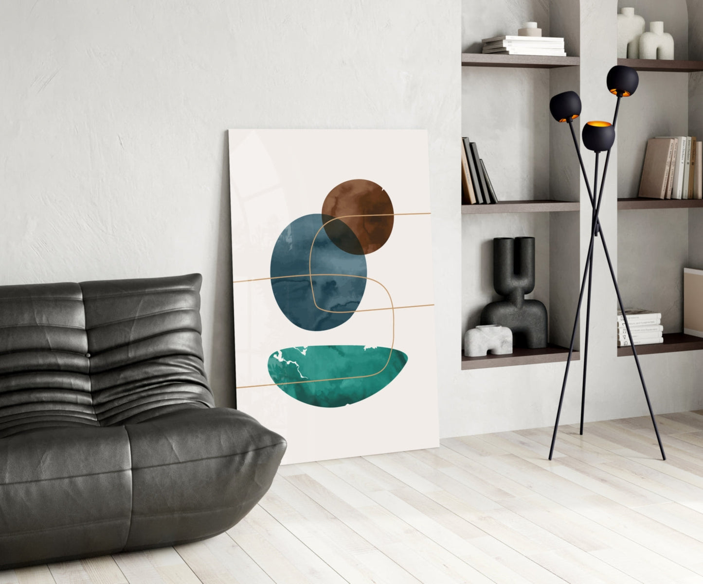 Teal Bowl And Navy Circle Shapes Glass Wall Art