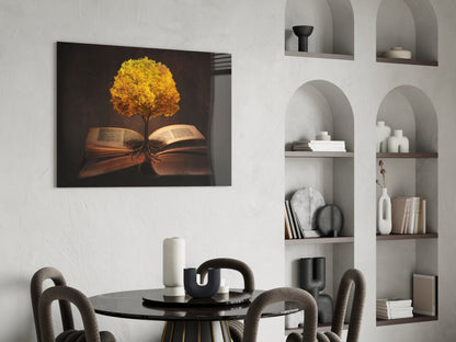 Tree in My Mind glass wall art displayed above black round dining table with grey chairs and white shelving unit.
