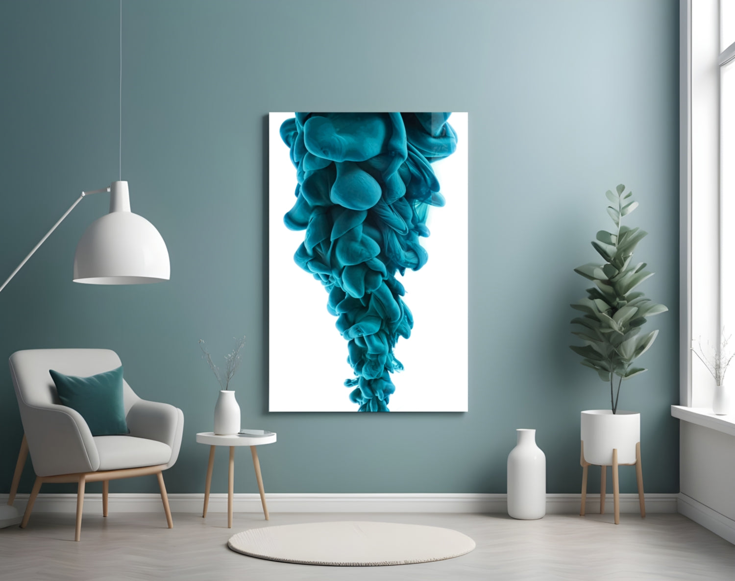 Blue Layers Glass Wall Art displayed on teal bedroom wall above white chair, showing vertical turquoise organic form against white background.
