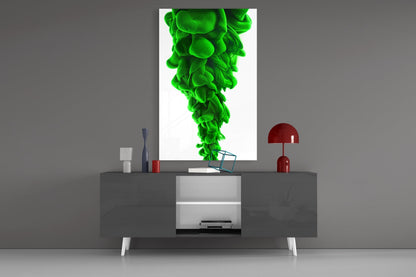 Green Layers Glass Wall Art displayed above a gray media console with red decorative lamp and accessories.