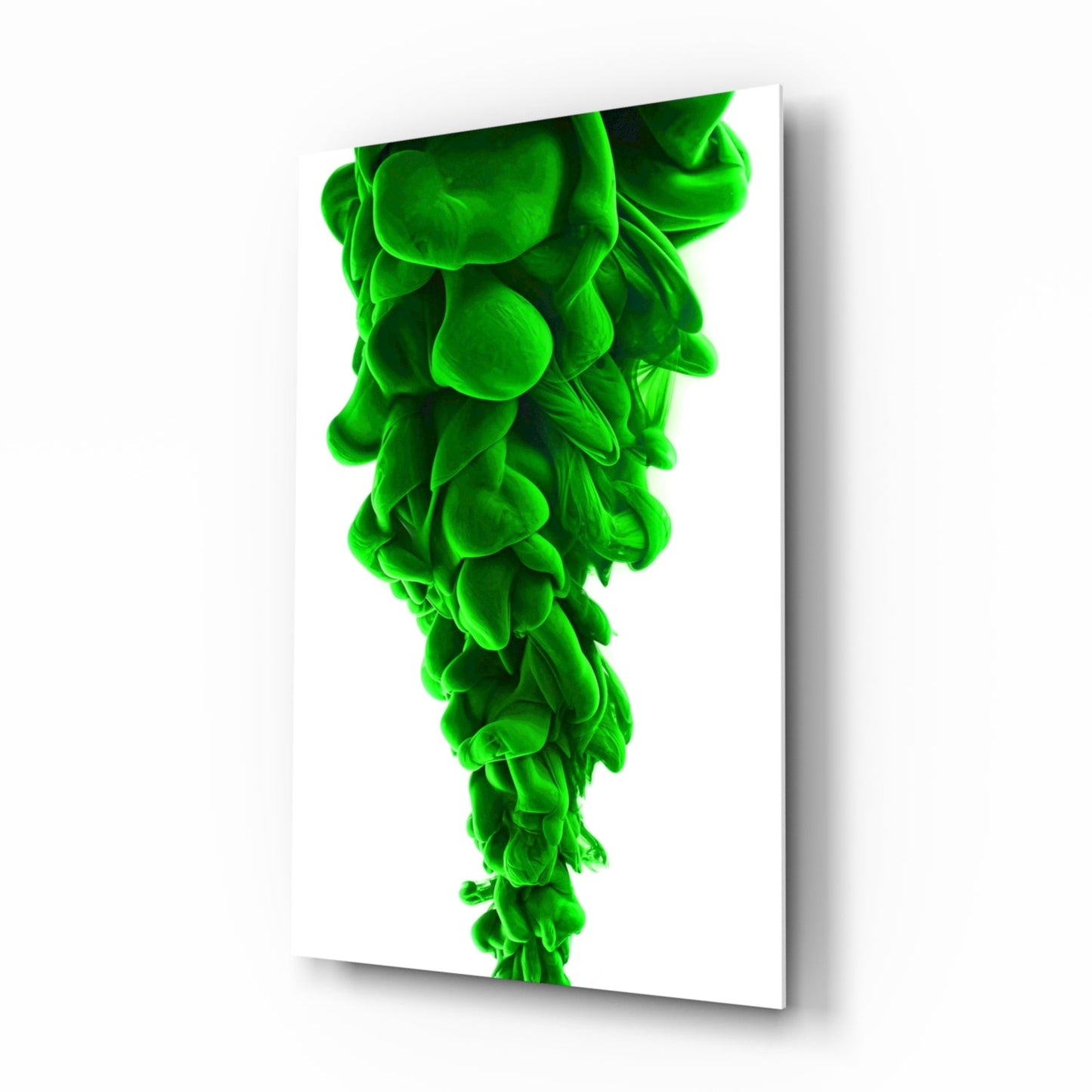 Vibrant neon green layered glass wall art displaying cascading organic forms against white background.