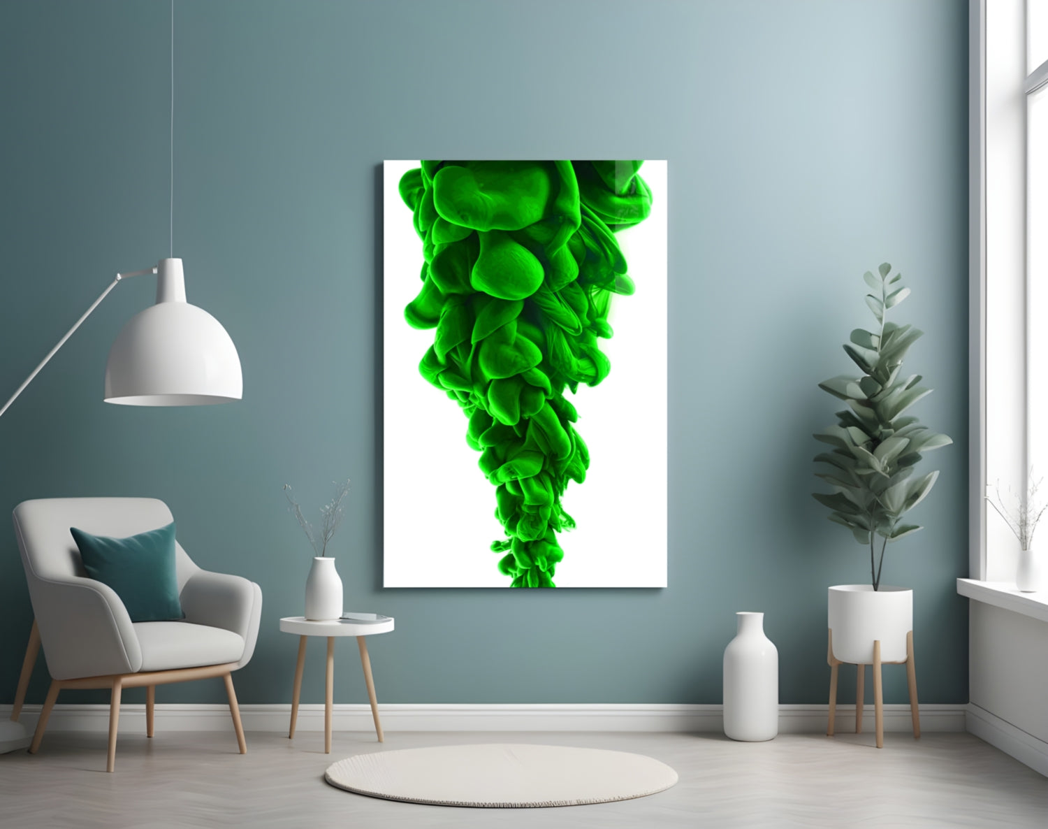 Green Layers Glass Wall Art displayed on a teal wall above a white chair in a minimalist interior setting.