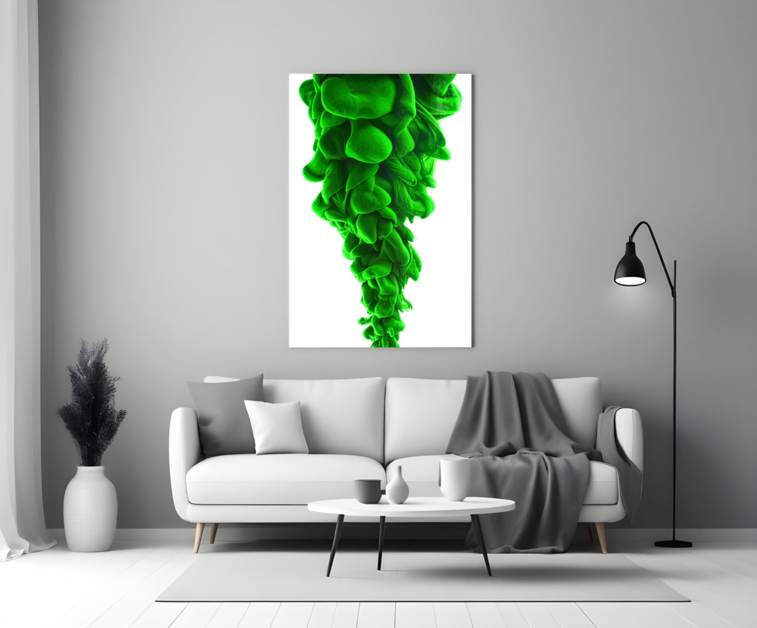 Green Layers Glass Wall Art displayed above a white sofa in a minimalist living room setting.