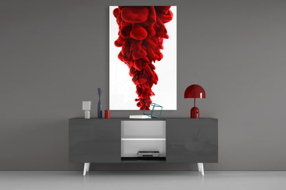 Red Layers Glass Wall Art displayed above gray media console with red lamp and decorative accessories in modern interior setting.