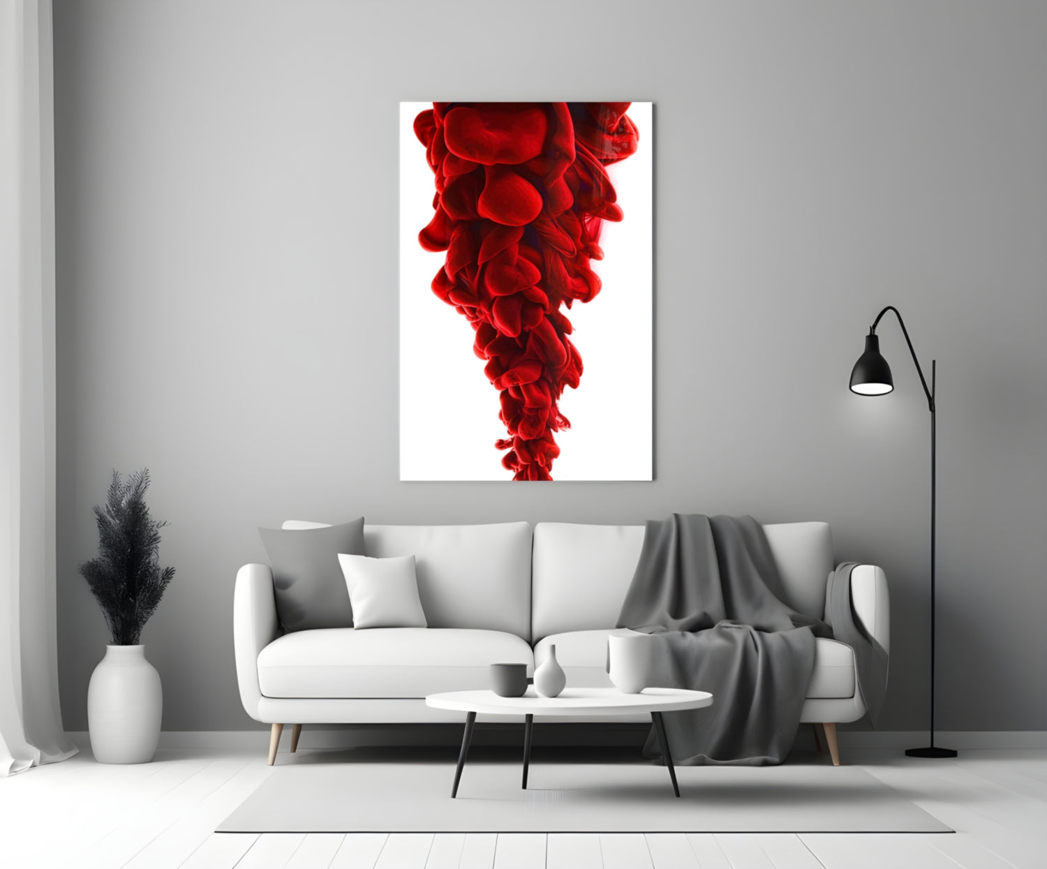 Red Layers Glass Wall Art displayed above a white sofa in a minimalist living room interior.