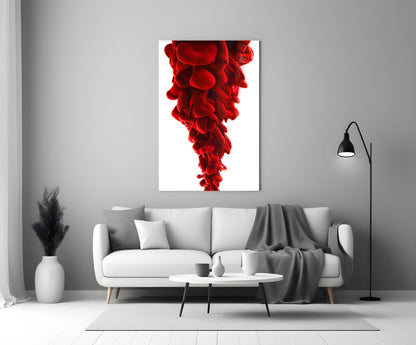 Red Layers Glass Wall Art displayed above a white sofa in a minimalist living room interior.