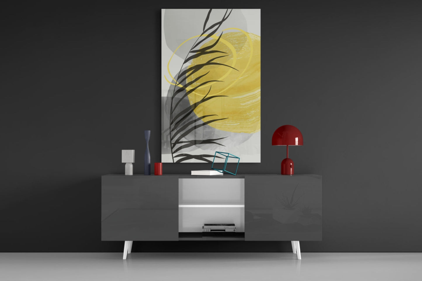 Autumn Yellow Glass Wall Art displayed above a dark gray media console with red lamps and decorative objects.