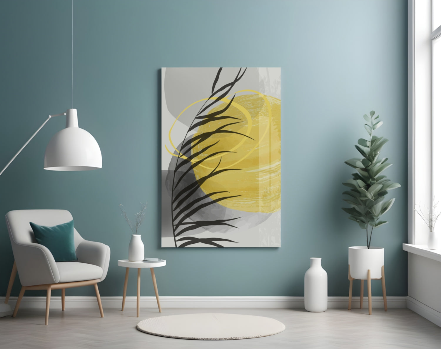Modern living room with teal walls featuring Autumn Yellow Glass Wall Art displaying yellow and black botanical design above white furniture.