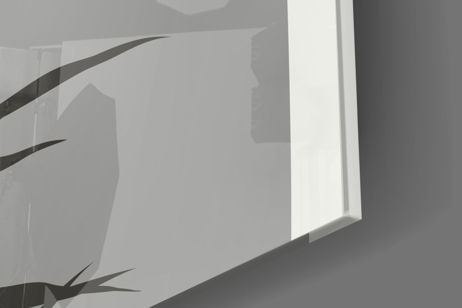 Close-up angled view of frosted glass panel with dark curved leaf designs and white illuminated edge against gray background.