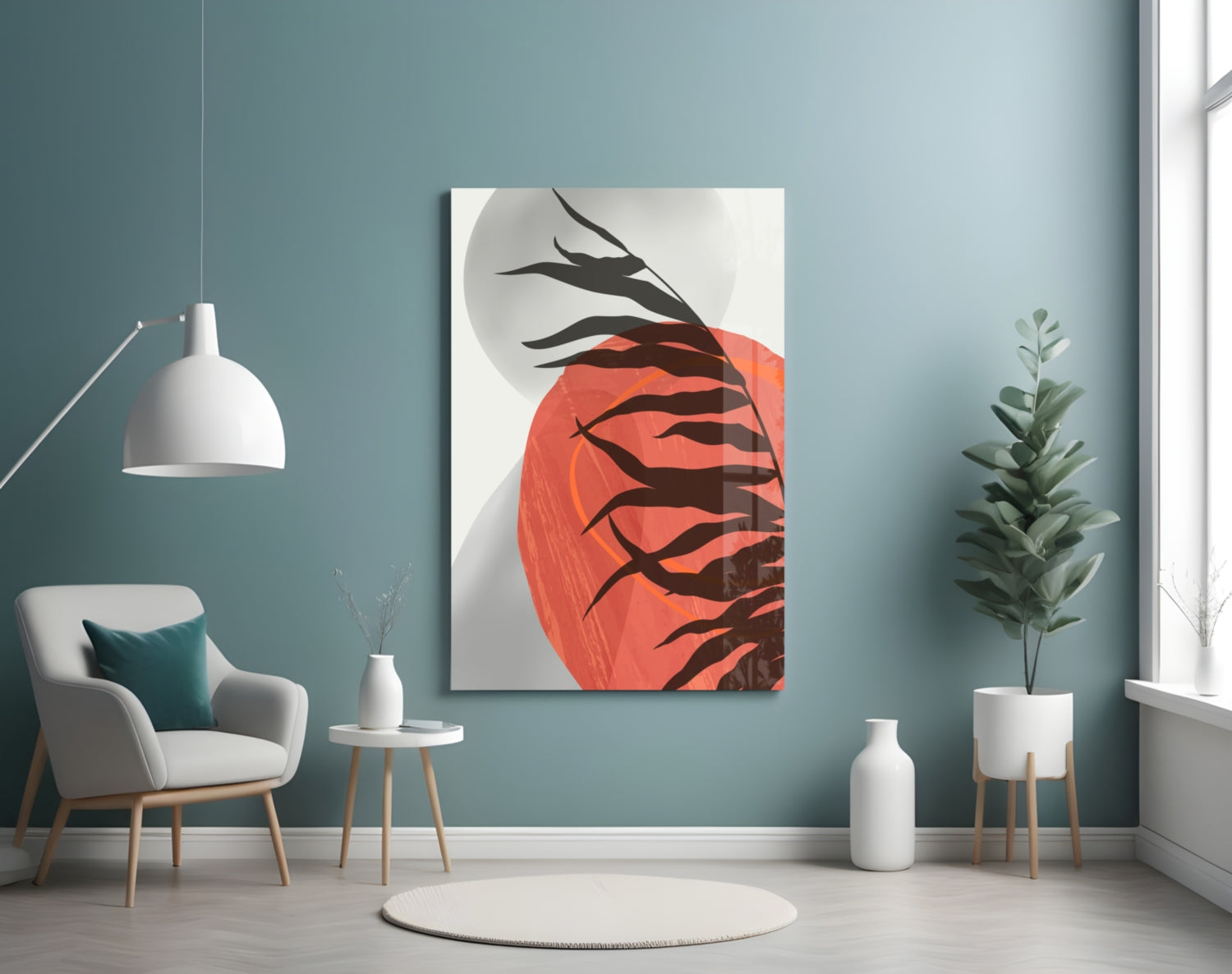 Modern living room interior featuring Autumn Red Glass Wall Art with black branches and red circle on light blue wall above white chair.