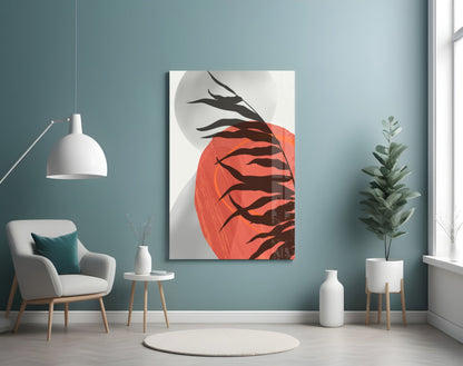 Modern living room interior featuring Autumn Red Glass Wall Art with black branches and red circle on light blue wall above white chair.