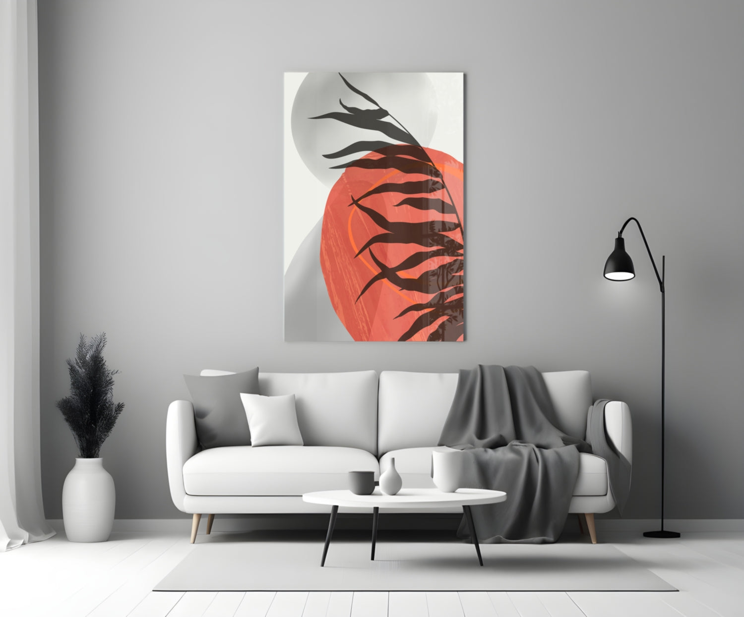 Modern living room interior featuring Autumn Red Glass Wall Art hung above a white sofa, displaying red and black branches design.