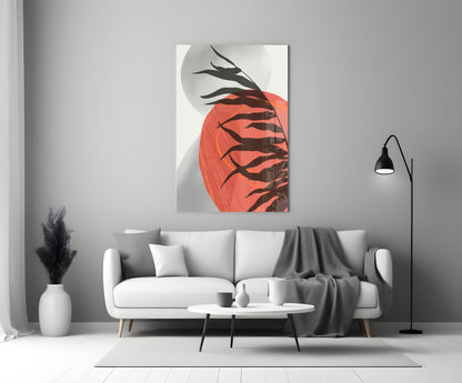 Modern living room interior featuring Autumn Red Glass Wall Art hung above a white sofa, displaying red and black branches design.