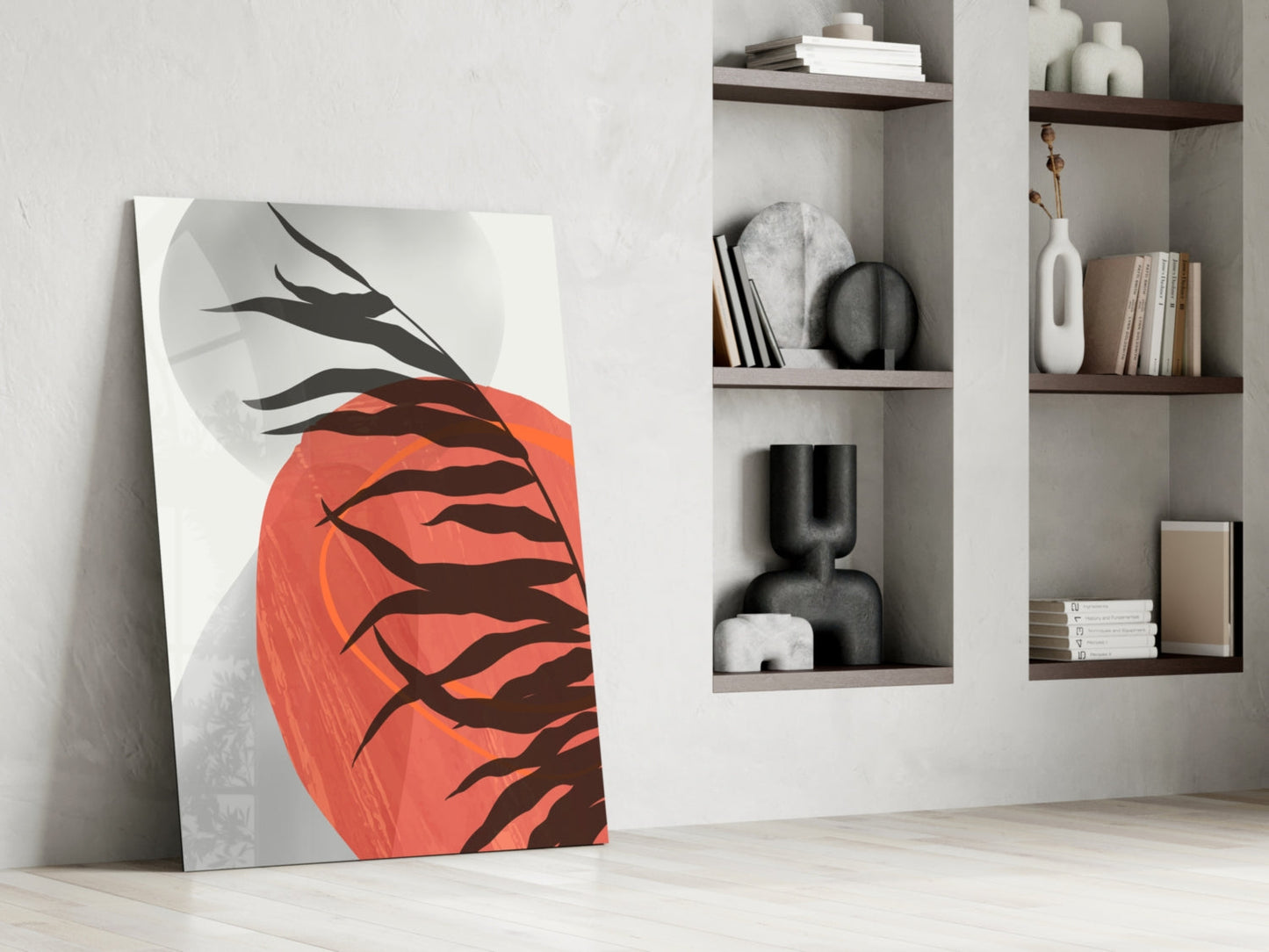 Modern interior display featuring Autumn Red Glass Wall Art leaning against white wall with built-in shelving and decorative objects.
