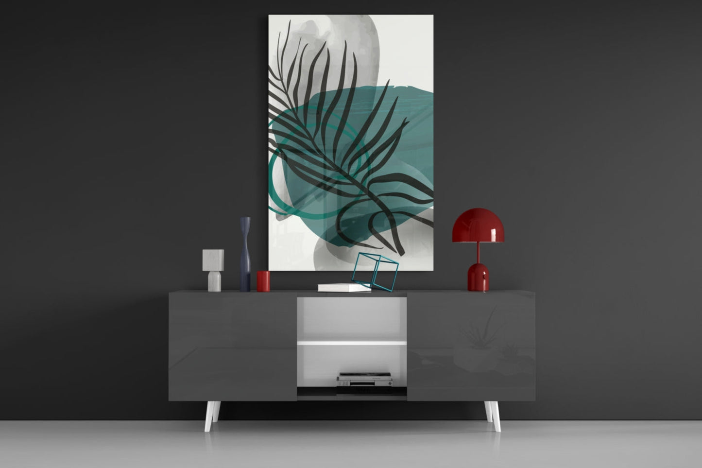 Autumn Green Glass Wall Art displayed above a modern gray console table with white drawers, flanked by red decorative lamps and small accessories.