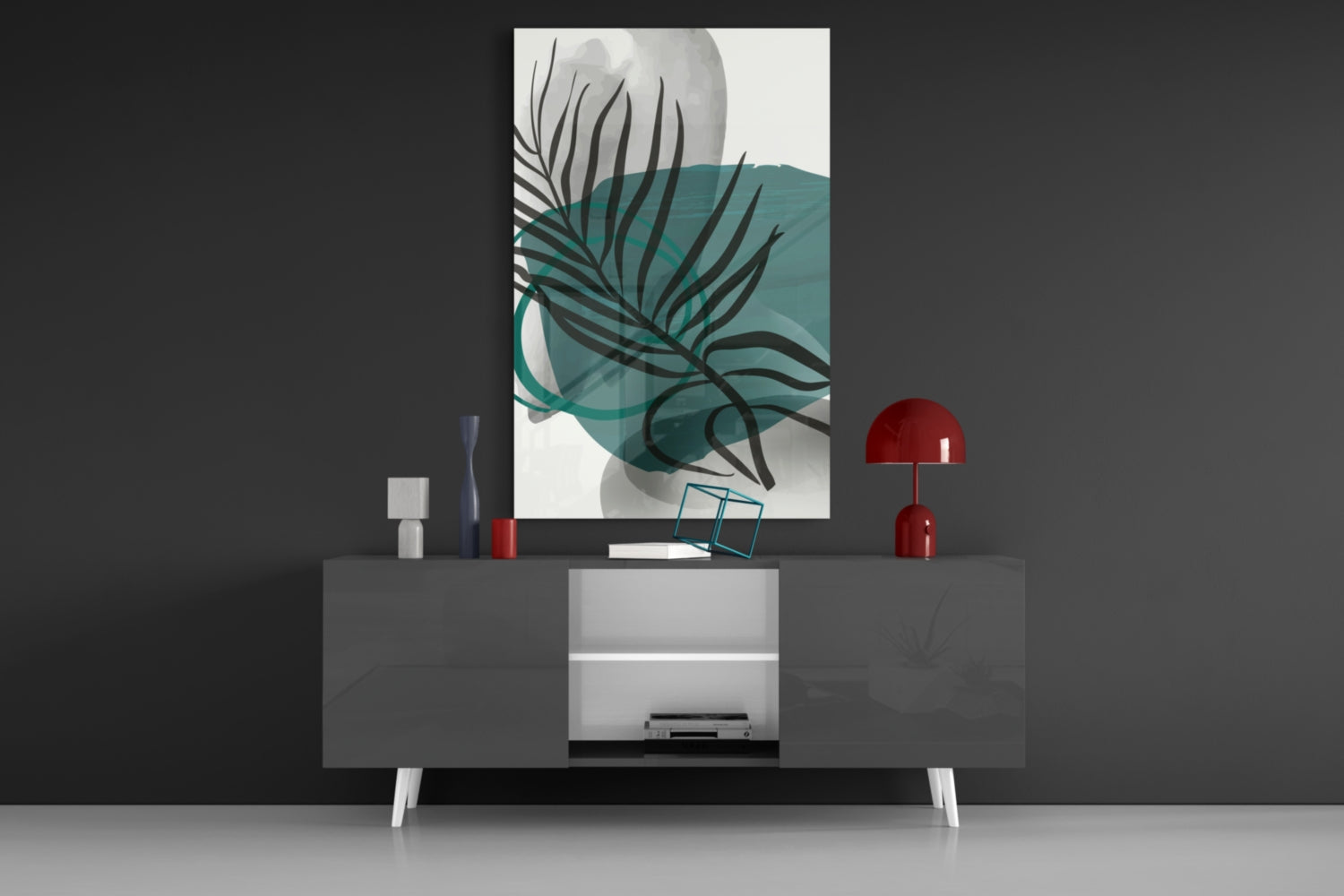 Autumn Green Glass Wall Art displayed above a modern gray console table with white drawers, flanked by red decorative lamps and small accessories.