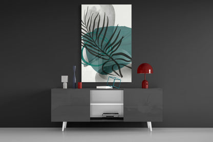 Autumn Green Glass Wall Art displayed above a modern gray console table with white drawers, flanked by red decorative lamps and small accessories.
