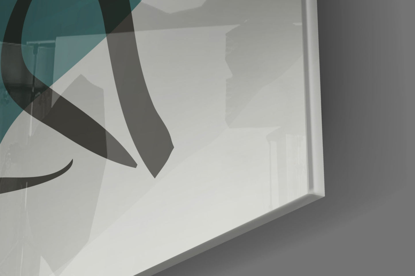 Close-up angled view of teal and charcoal abstract glass wall art with dimensional edge detail visible.