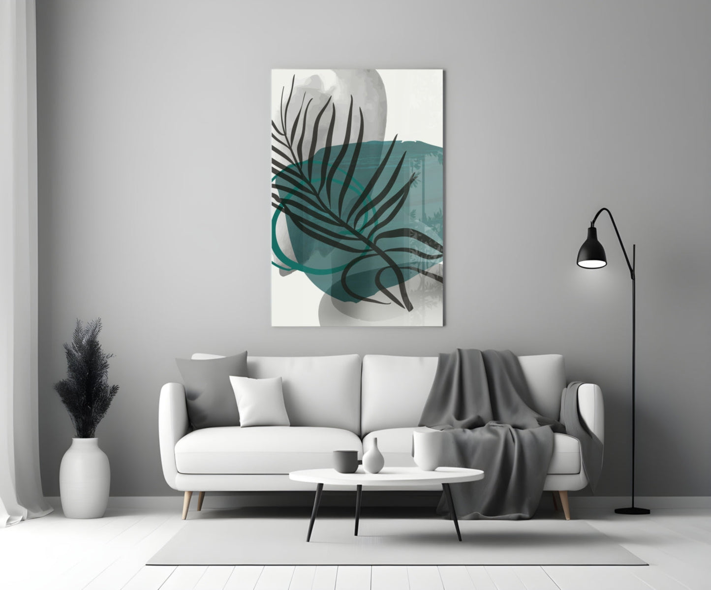 Autumn Green Glass Wall Art displayed above a white sofa in a modern living room with teal and black botanical design.